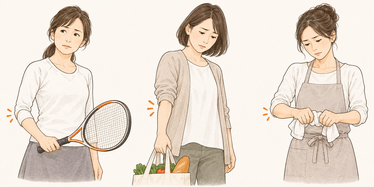 ラケットを握る、買い物袋を持つ、タオルを絞る動作で肘が気になる場面のイラスト